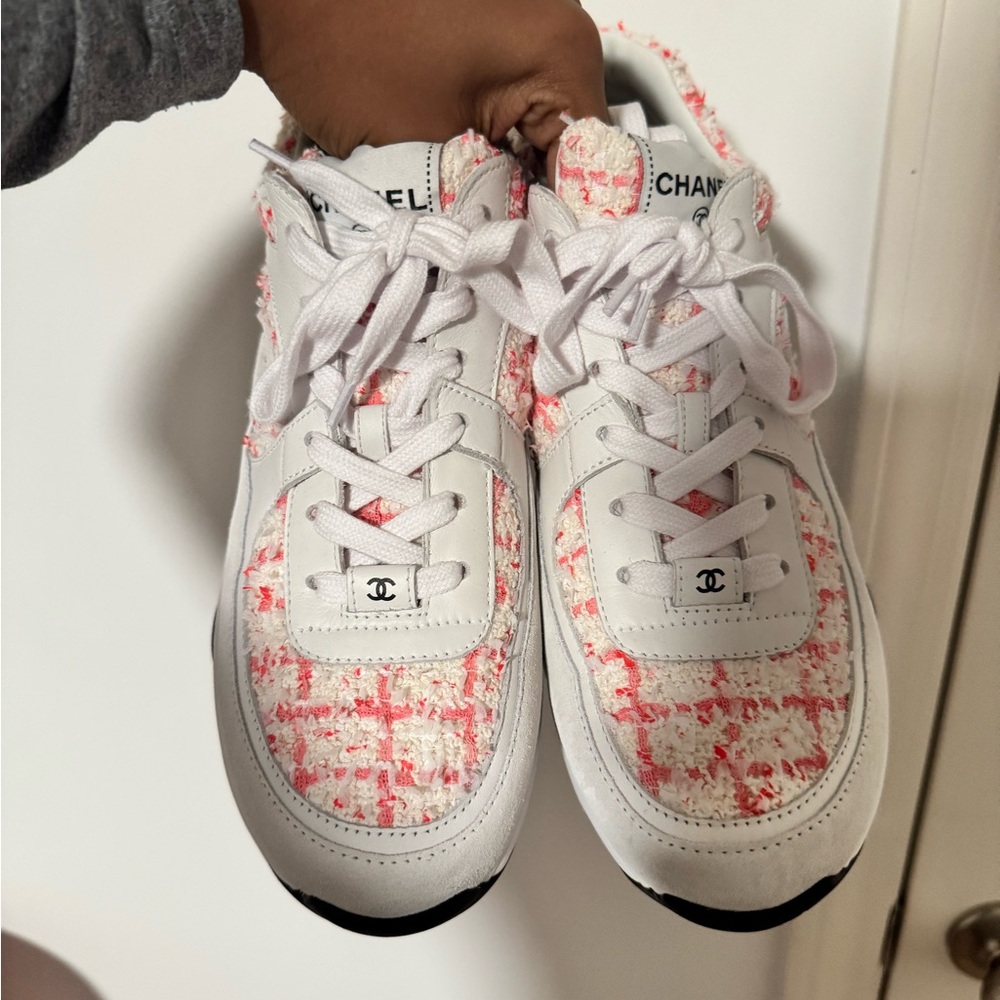 Chanel White and Red Tweed Sneakers